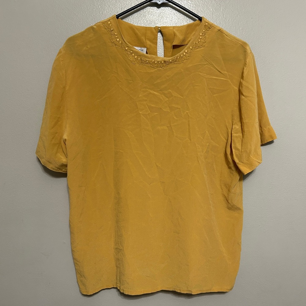 Tess Blouse L Mustard Yellow 100% Silk Embroidered Neckline VTG 90s Retro Boho